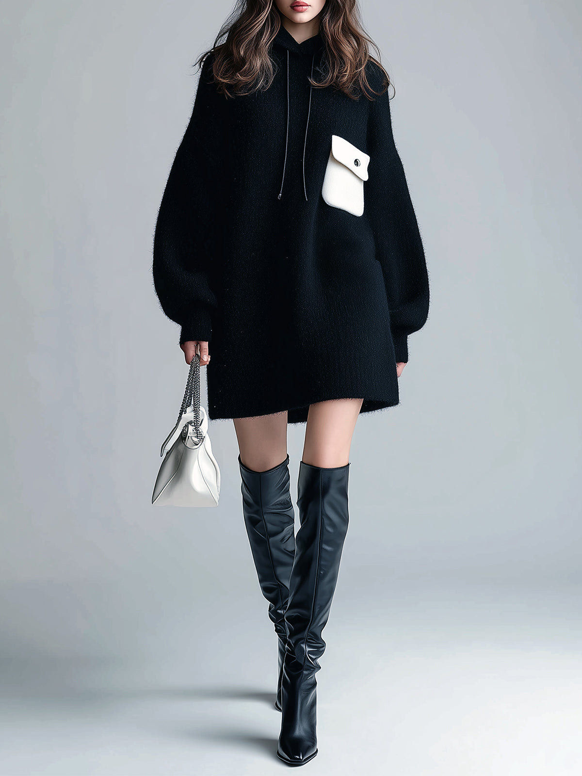 ElevenOra Casual Oversized Black Hooded Long-Sleeve Contrast Chest Pocket Knit Mini Dress