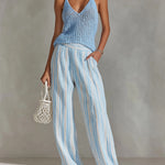 ElevenOra Chic Elegant Blue V-Neck Sleeveless Loose-Fit Knit Camisole Striped Wide-Leg Pants Two-Piece Set
