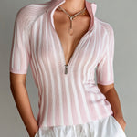 ElevenOra Chic Casual Pink-White Stripes Zipper-Up Stand Collar Short-Sleeve Slim-Fit Knit Sweater Top
