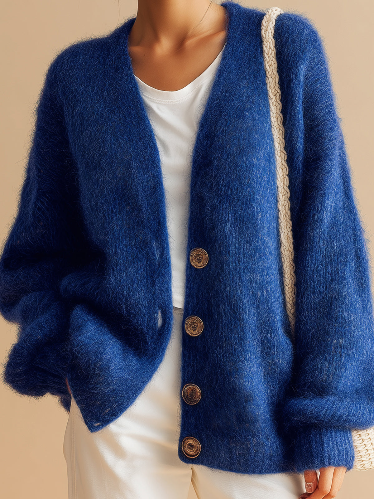 ElevenOra Chic Casual Royal Blue V-Neck Single-Breasted Long Sleeve Loose-Fit Fuzzy Knit Cardigan