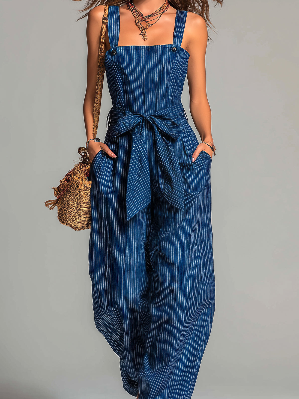 ElevenOra Chic Casual Navy Stripes Cotton Linen Blend Strappy Square Neck Sleeveless Belted Loose-Fit Jumpsuit