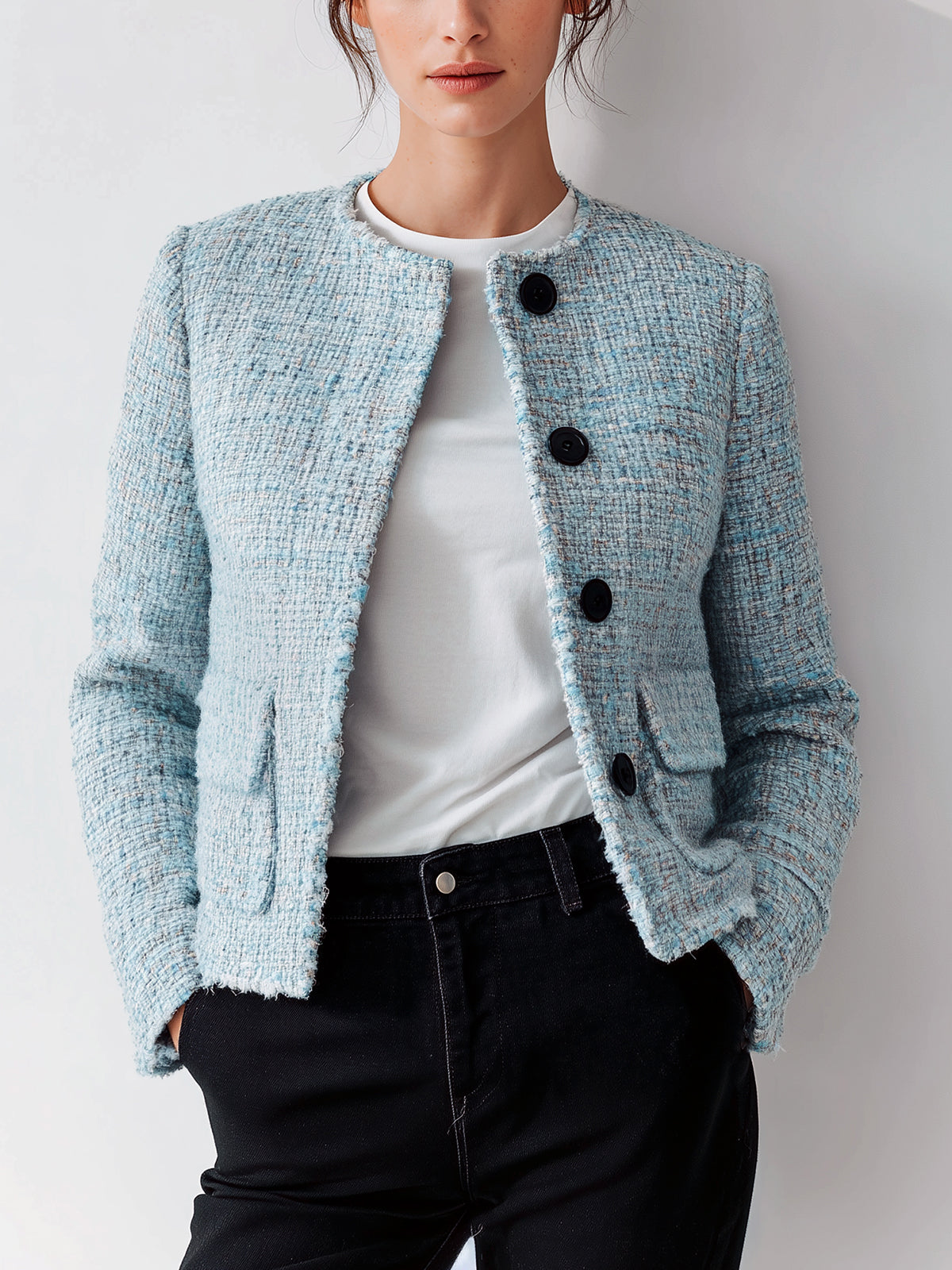 ElevenOra Chic Vintage Blue Tweed Round Neck Single-Breasted Flap Pocket Fitted Short Jacket