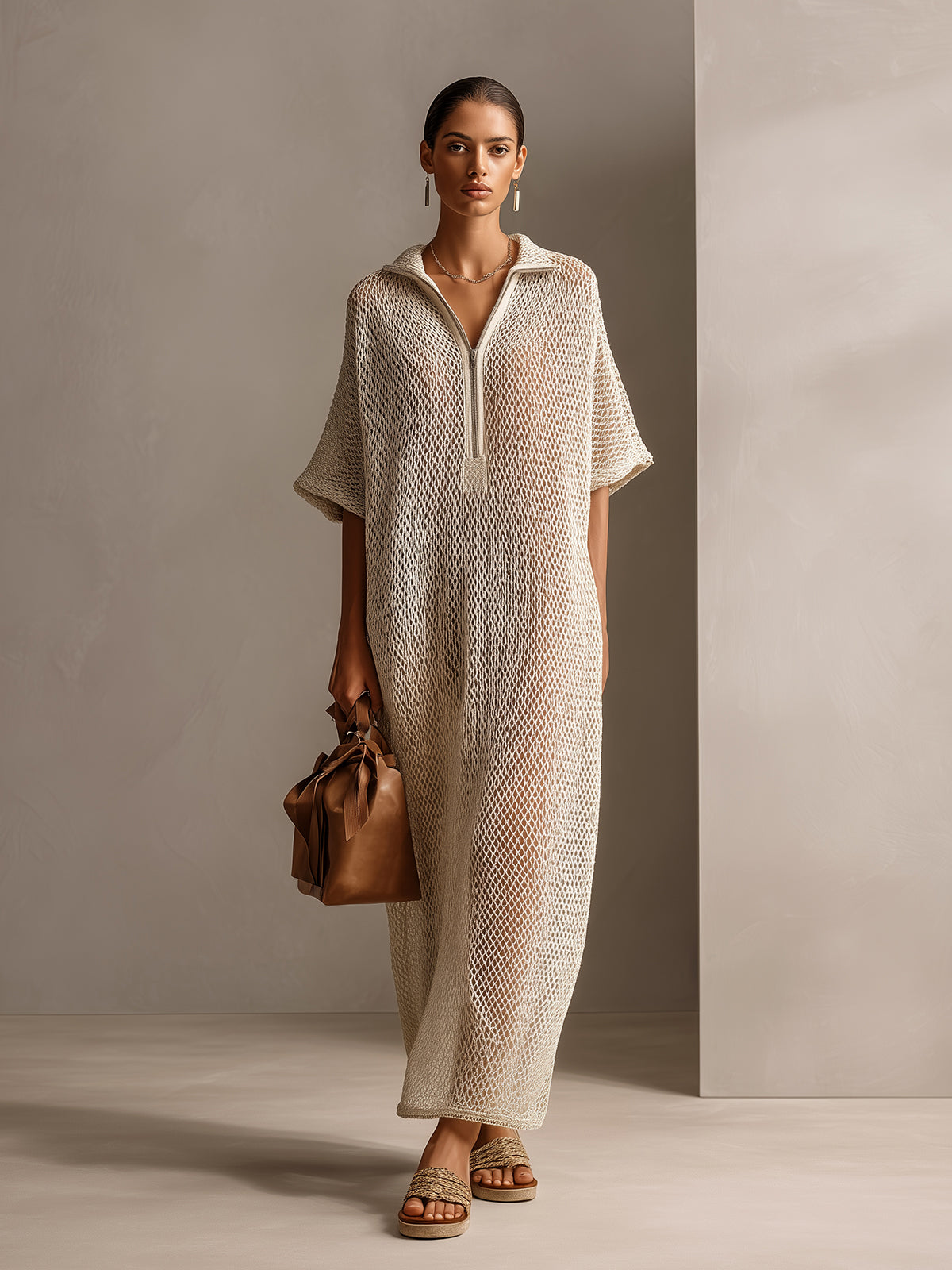 ElevenOra Chic Elegant Beige Zipper-Up Lapel Collar Short-Sleeve Oversize Hollow Out Knit Maxi Dress