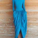 ElevenOra Chic Vintage Dark Blue Turtleneck Slim-Fit Long-Sleeve Top Ruched Irregular Hem Maxi Skirt Two-Piece Set