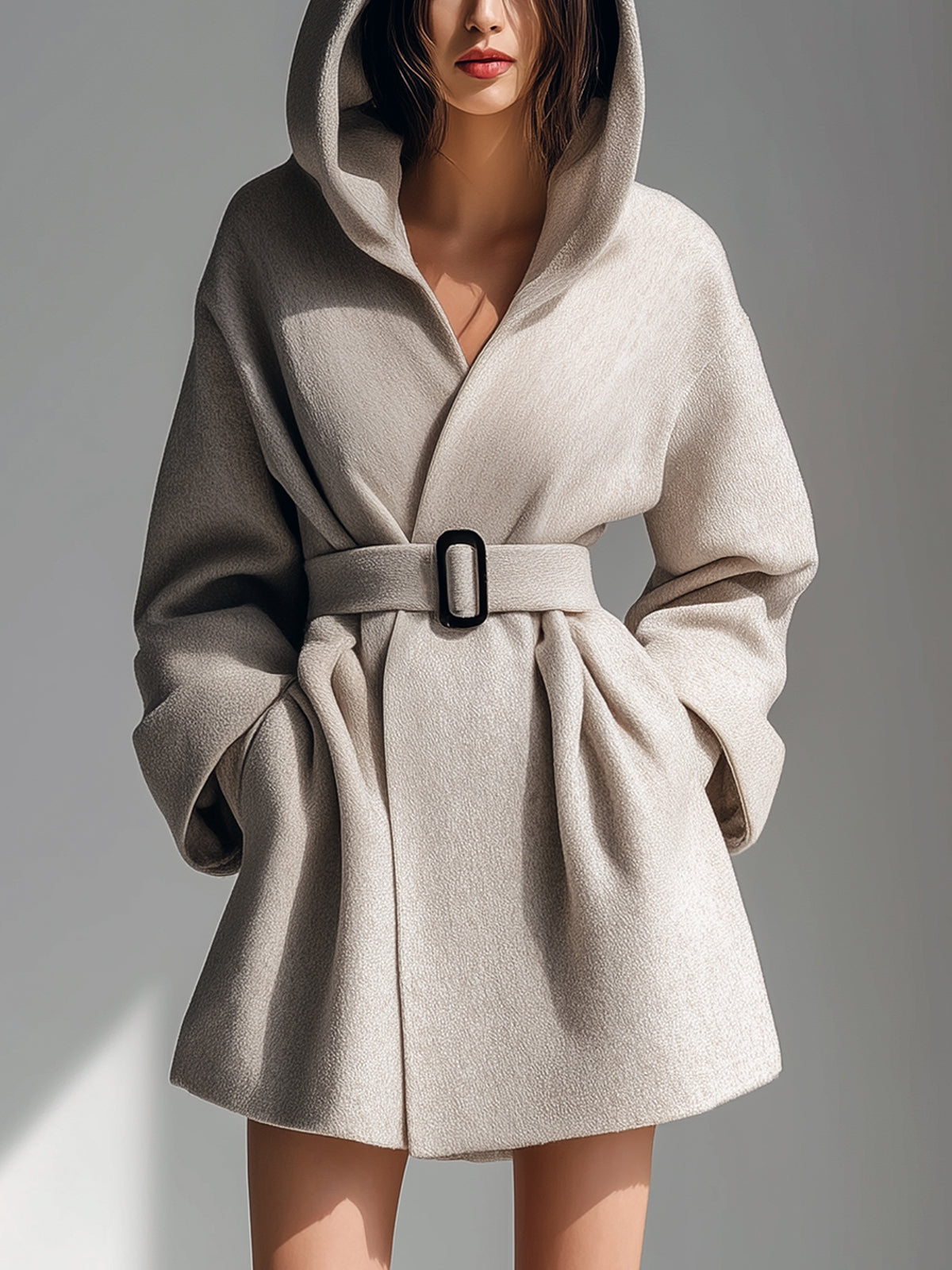 ElevenOra Chic Vintage Beige Gray Wool Blend Hooded Belted Slouchy Short Coat