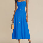 ElevenOra Chic Elegant Royal Blue Thin Straps Sleeveless Button-Front Slim-Fit Ribbed Knit A-Line Midi Dress