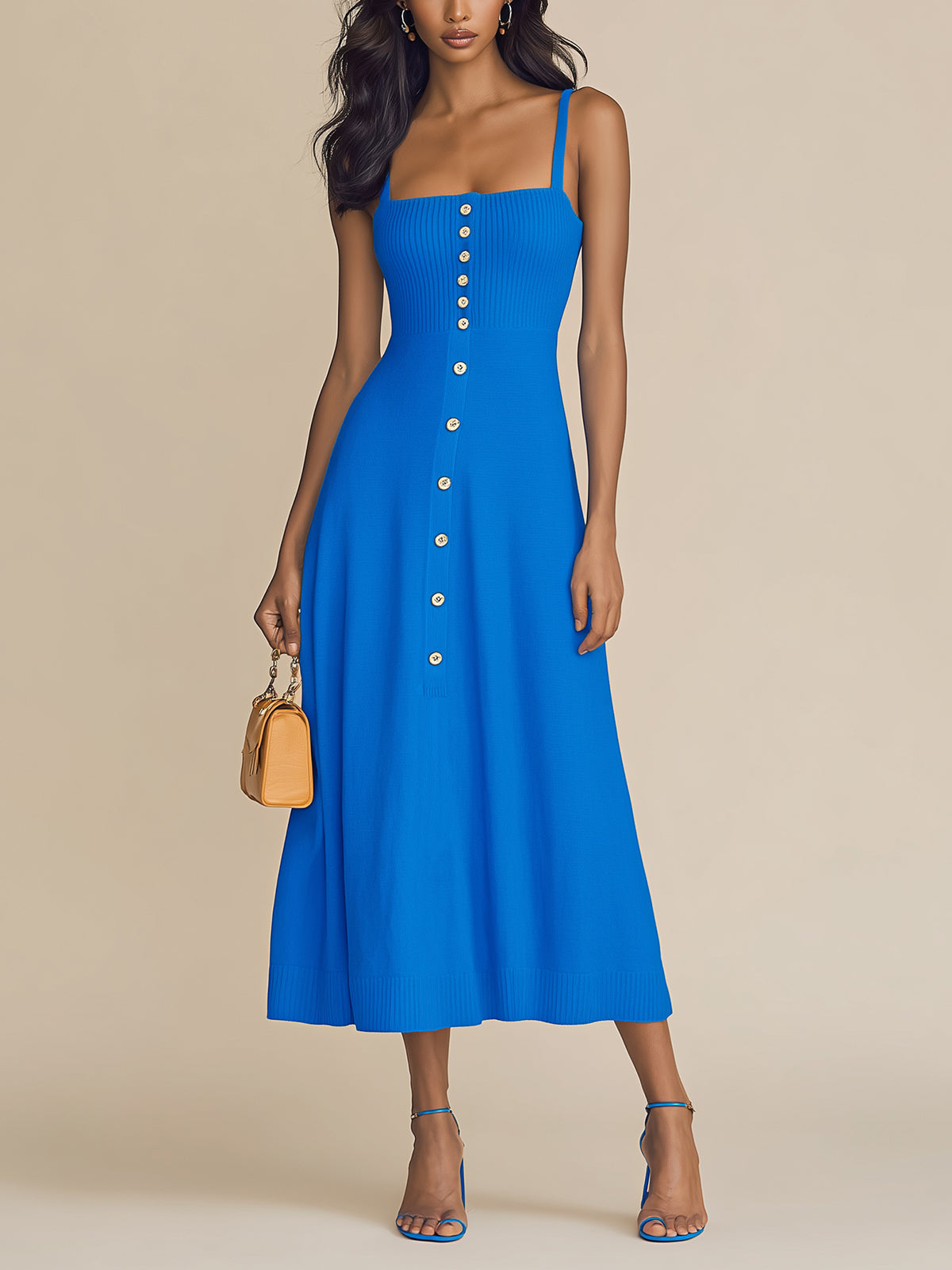 ElevenOra Chic Elegant Royal Blue Thin Straps Sleeveless Button-Front Slim-Fit Ribbed Knit A-Line Midi Dress