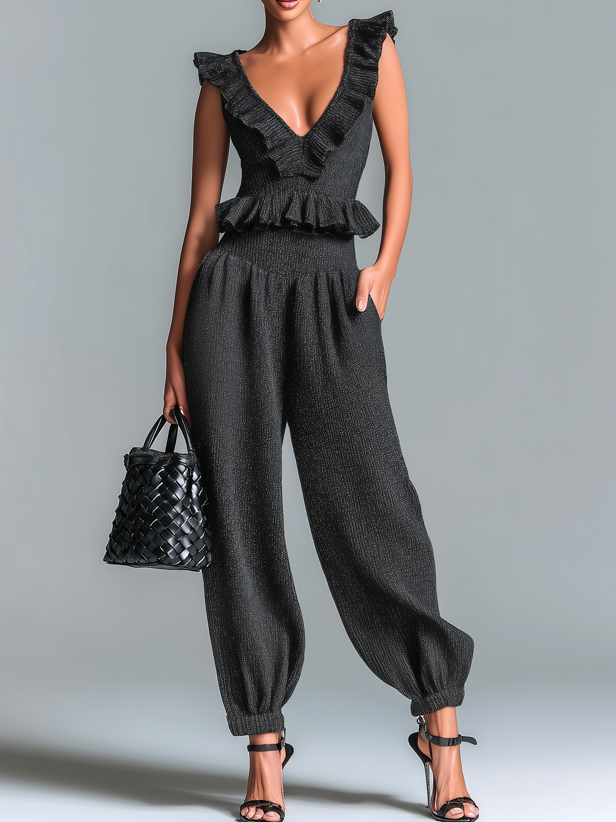 ElevenOra Stylish Elegant Black V-neck Sleeveless Ruffle Sweater Top High-Waist Balloon Pants Knit Two-Piece Set
