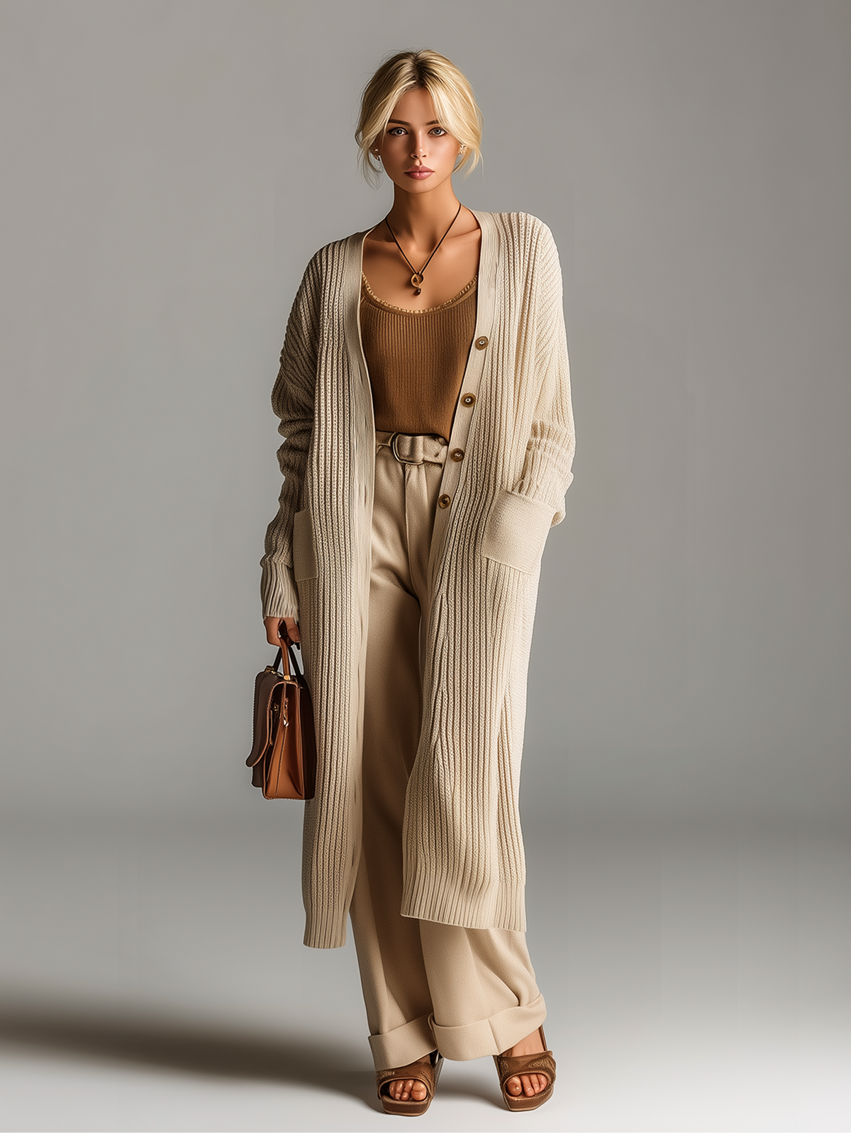 ElevenOra Stylish Elegant Oatmeal-Colored Collarless Long-Sleeved Loose-Fit Mid-Length Knitted Cardigan