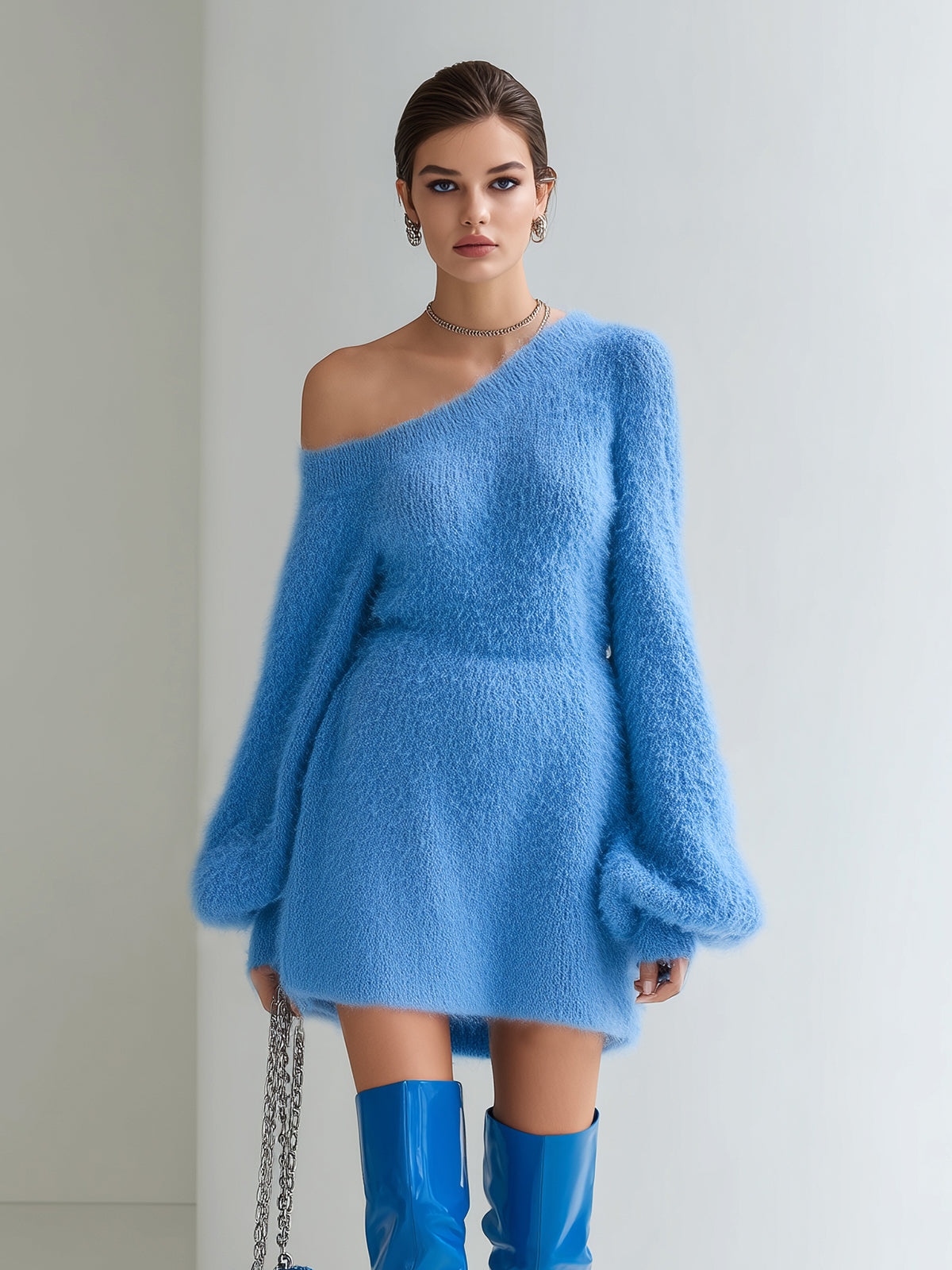 ElevenOra Chic Elegant Blue One Shoulder Long Lantern Sleeve A-Line Fuzzy Knit Mini Dress