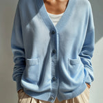 ElevenOra Casual Light Blue V-Neck Single-Breasted Double Pocket Slouchy Knit Cardigan
