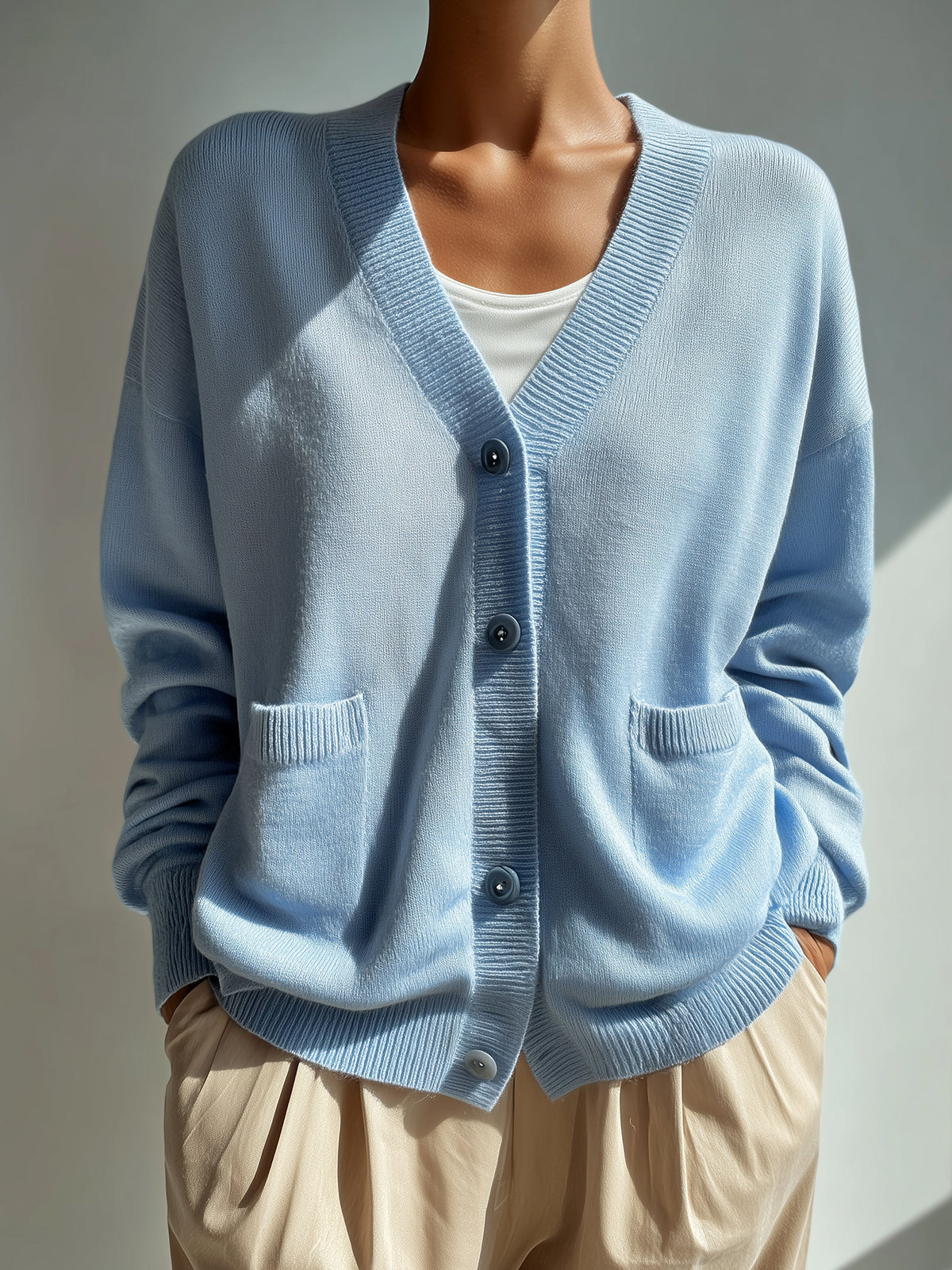 ElevenOra Casual Light Blue V-Neck Single-Breasted Double Pocket Slouchy Knit Cardigan