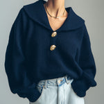 ElevenOra Chic Elegant Navy Blue Lapel Long-Sleeve Gold Button Details Oversize Knit Sweater Top