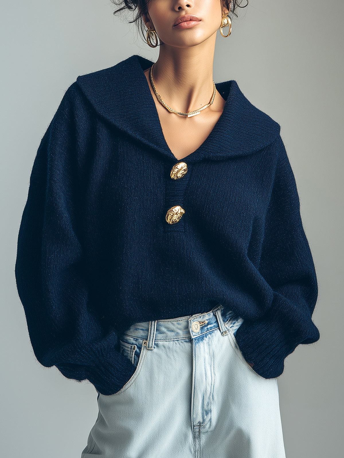ElevenOra Chic Elegant Navy Blue Lapel Long-Sleeve Gold Button Details Oversize Knit Sweater Top