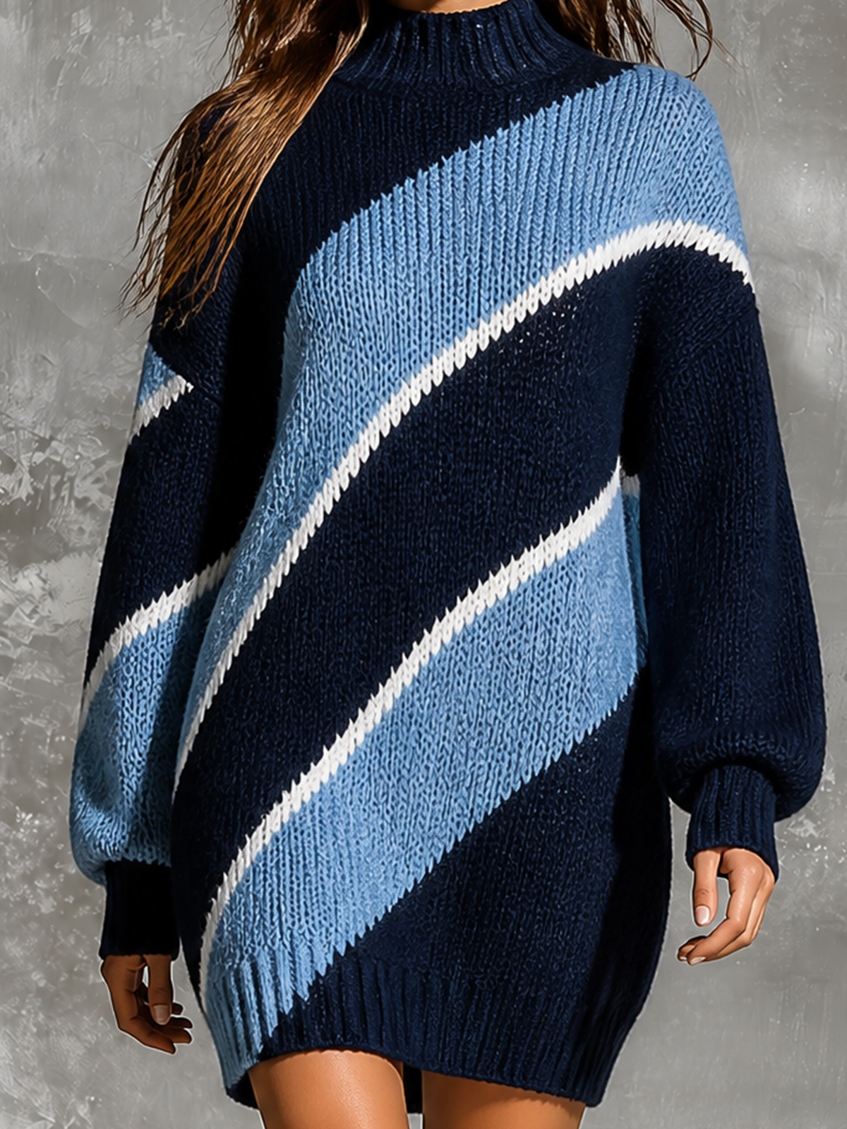 ElevenOra Chic Casual Navy Blue-Light Blue-White Colorblock Turtleneck Long-Sleeve Loose-Fit Knit Mini Dress