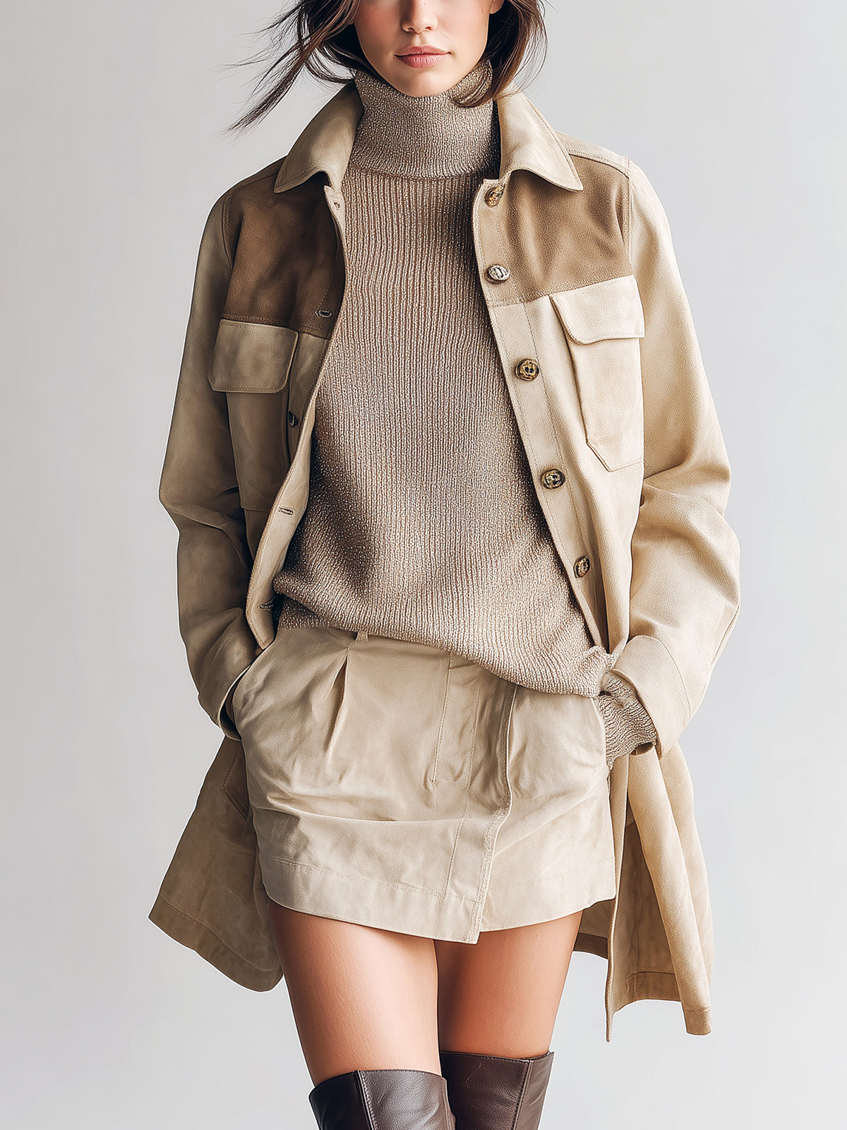 ElevenOra Chic Vintage Khaki Faux Suede Colorblock Lapel Single-breasted Multi-pocket Mid-length Coat