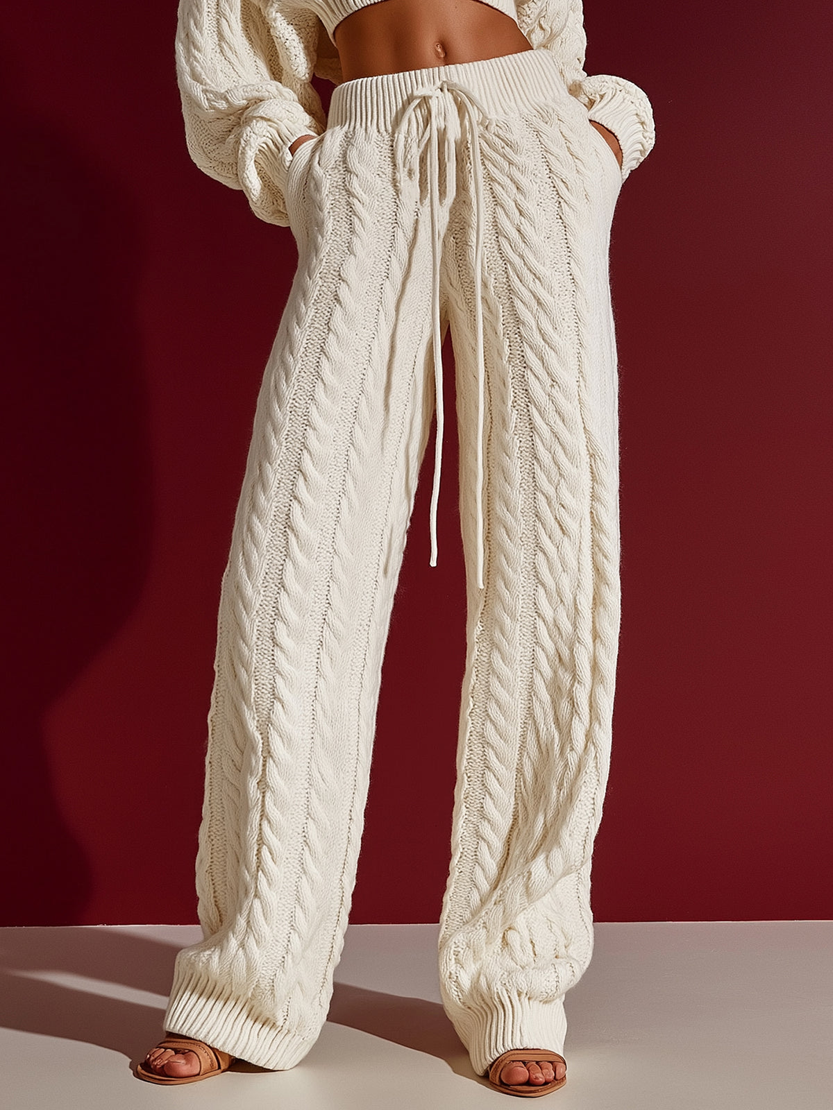 ElevenOra Chic Elegant Beige Drawstring Elastic Waist Side Pocket Cable-Knit Wide-Leg Pants