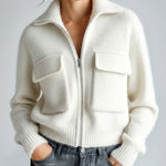 ElevenOra Chic Casual Ivory Lapel Zipper-Front Chest Pocket Long-Sleeve Loose Knit Cropped Cardigan