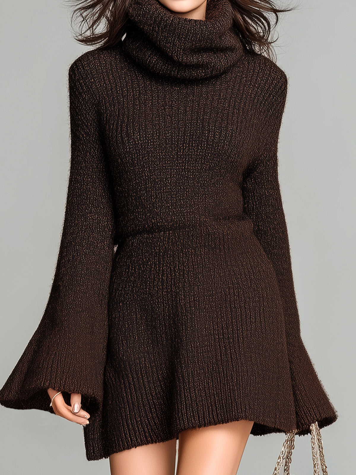ElevenOra Chic Casual Coffee Turtleneck Flare Sleeve Tailored Waist Knit Mini Dress
