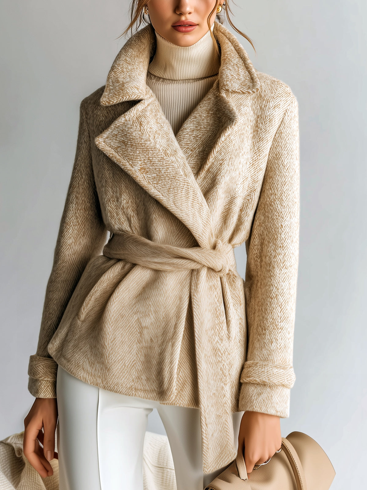 ElevenOra Chic Vintage Khaki Herringbone Wool Blend Shawl Lapel Belted Short Jacket