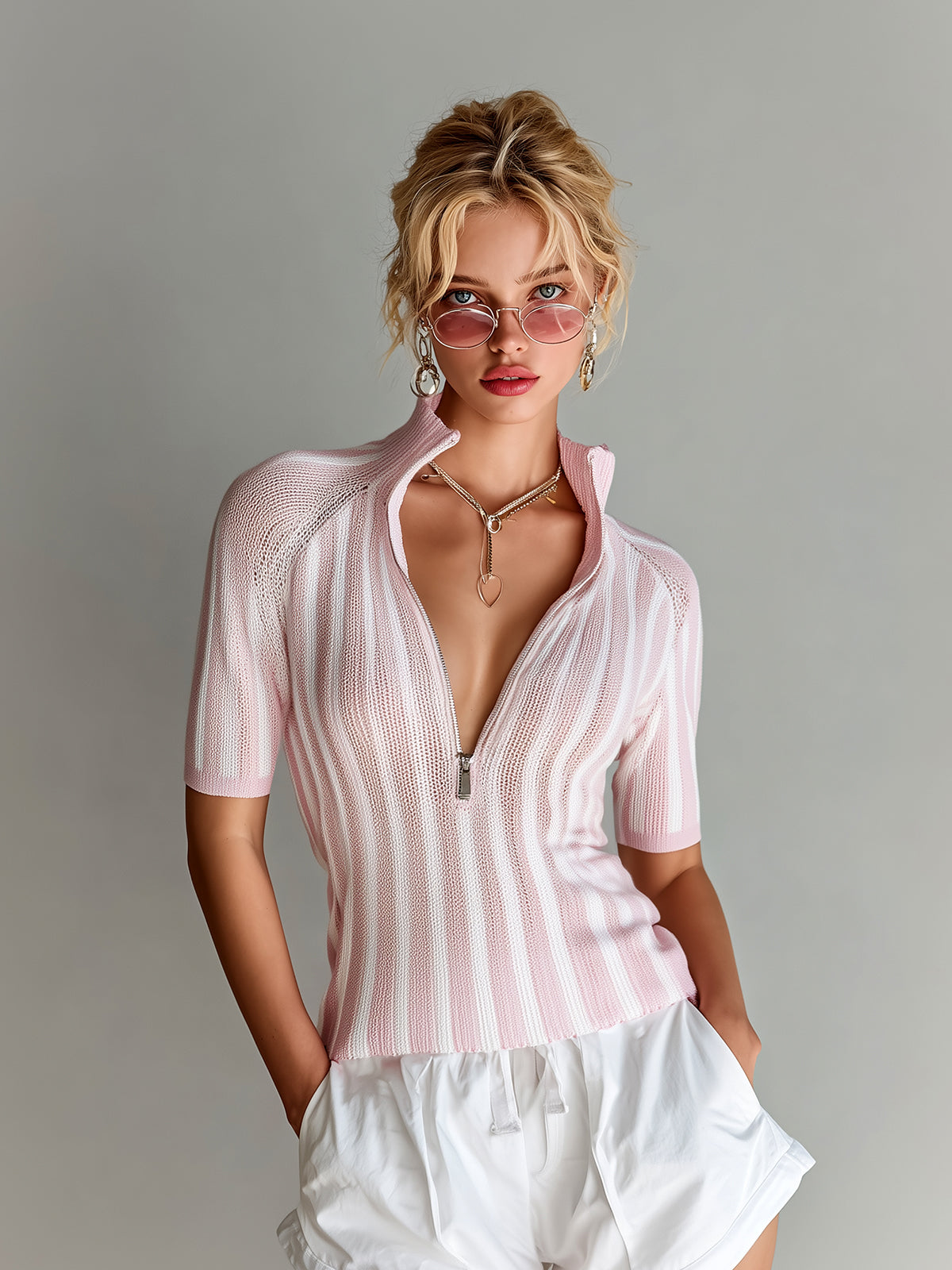 ElevenOra Chic Casual Pink-White Stripes Zipper-Up Stand Collar Short-Sleeve Slim-Fit Knit Sweater Top