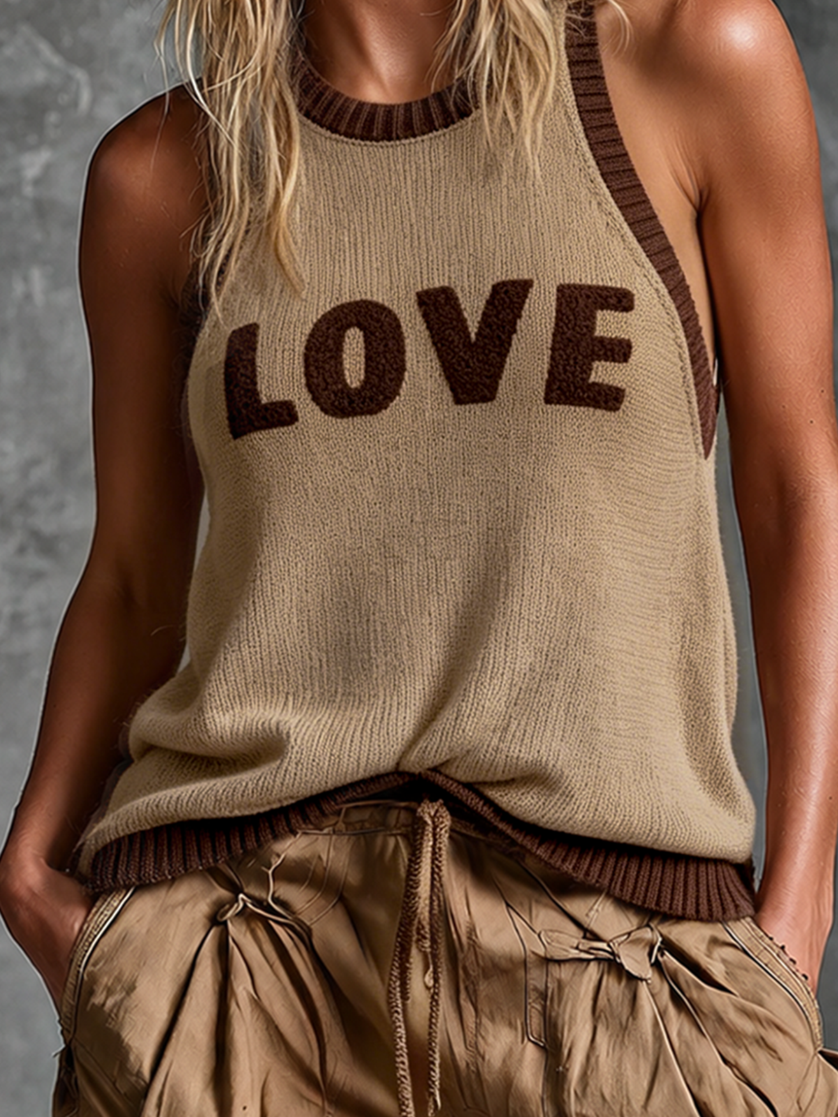 ElevenOra Chic Casual Camel Colorblock Chenille Embroidery Round-Neck Sleeveless Loose-Fit Knit Tank Top