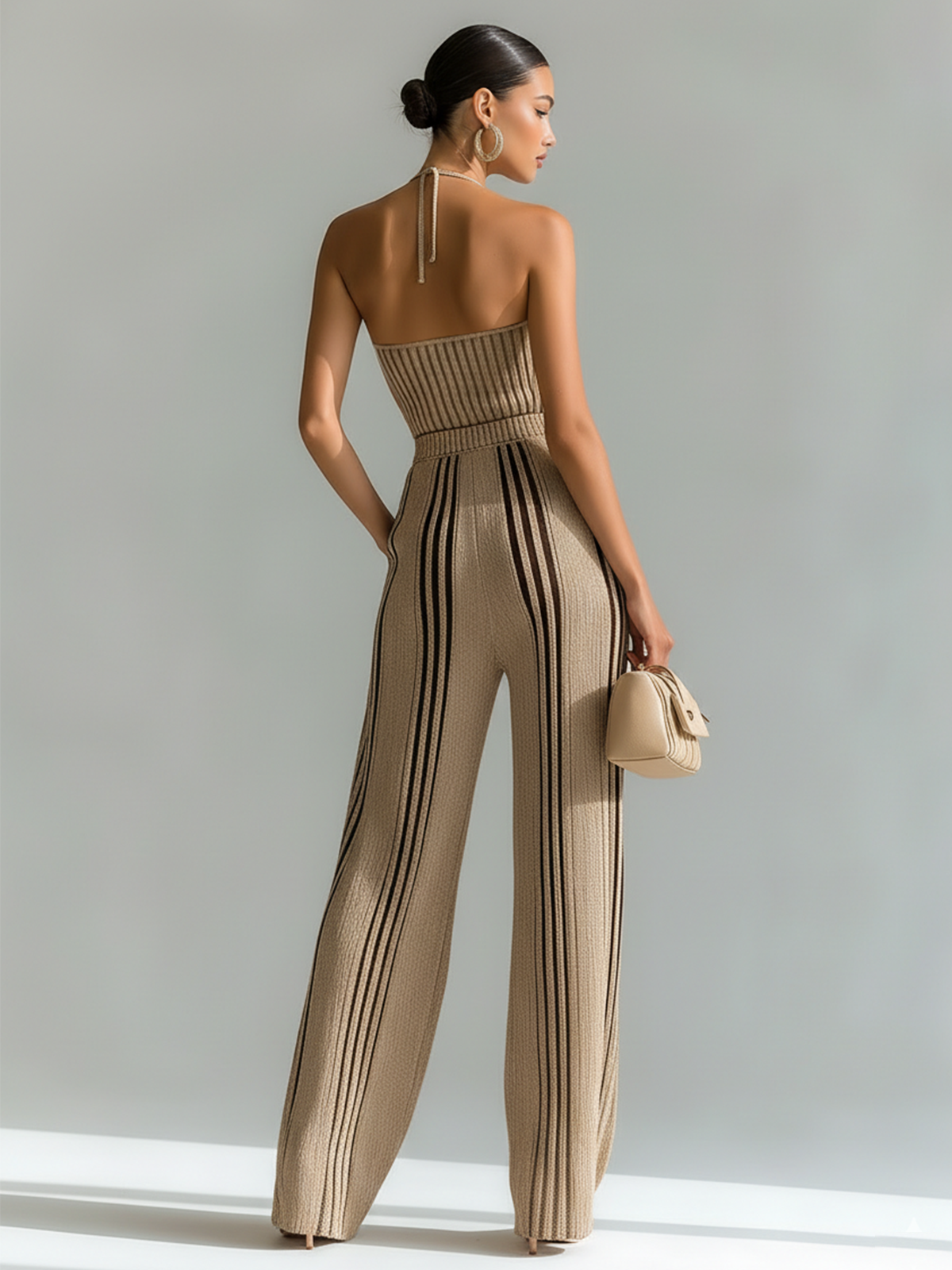 ElevenOra Chic Elegant Beige Slim Fit Sleeveless Camisole Stripes Waist Wide-Leg Pants Knit Two-Piece Set