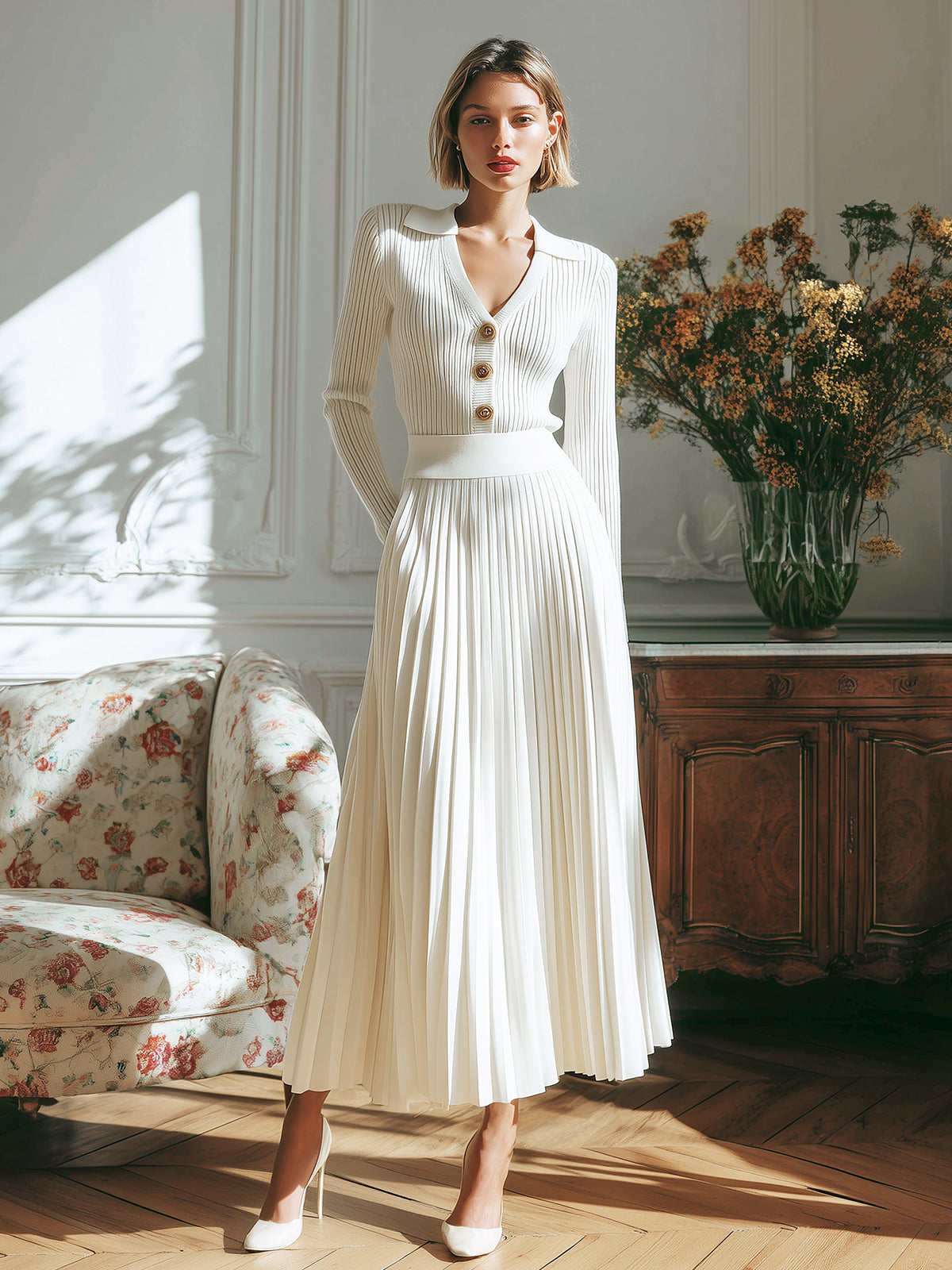 ElevenOra Stylish Lapel Single-Breasted Slim-Fit Knit Sweater With Pleated Maxi Skirt Two-Piece Set
