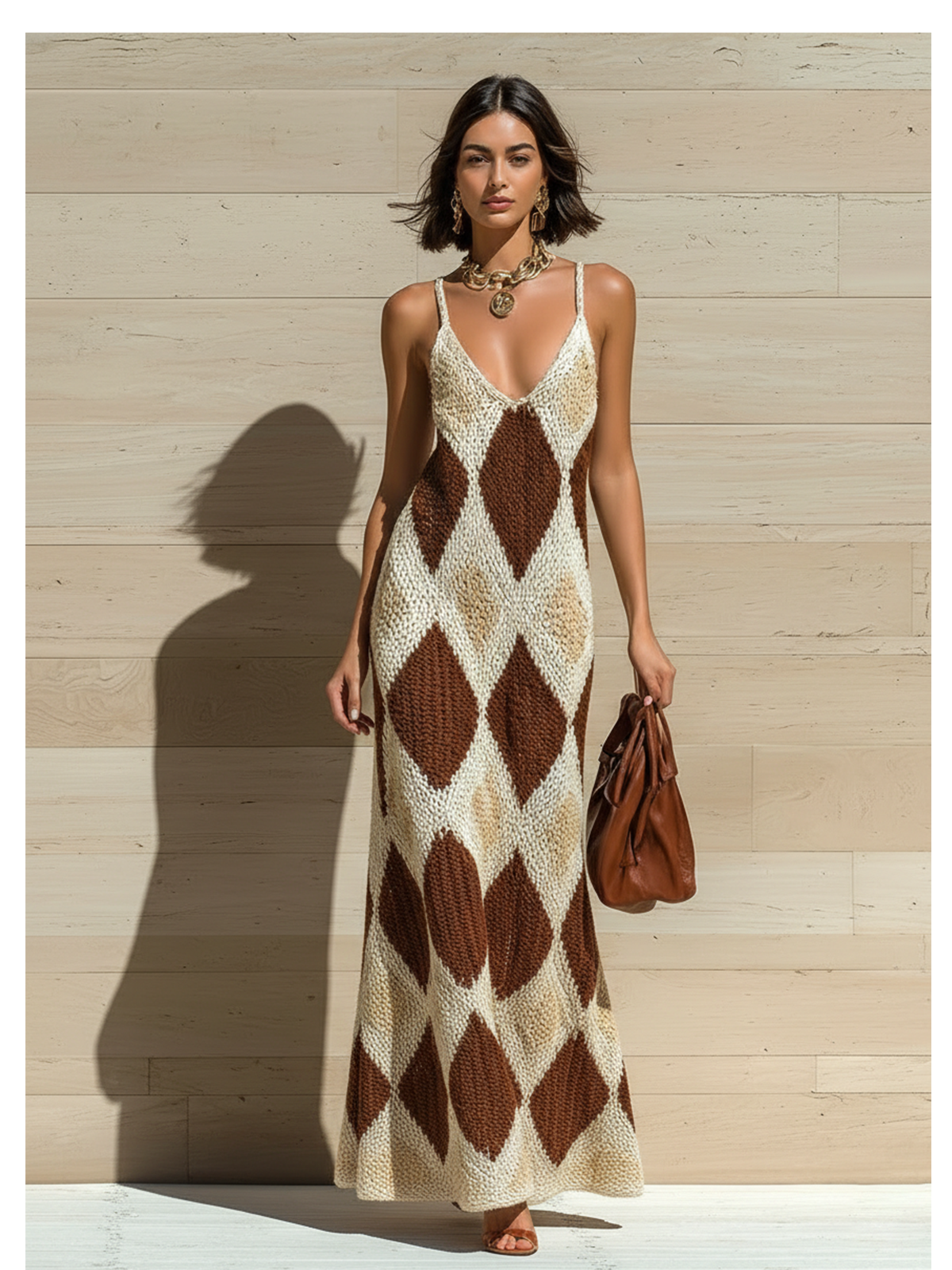 ElevenOra Chic Elegant Beige Geometric Jacquard Strappy Sleeveless Loose A-Line Ribbed Knit Maxi Dress