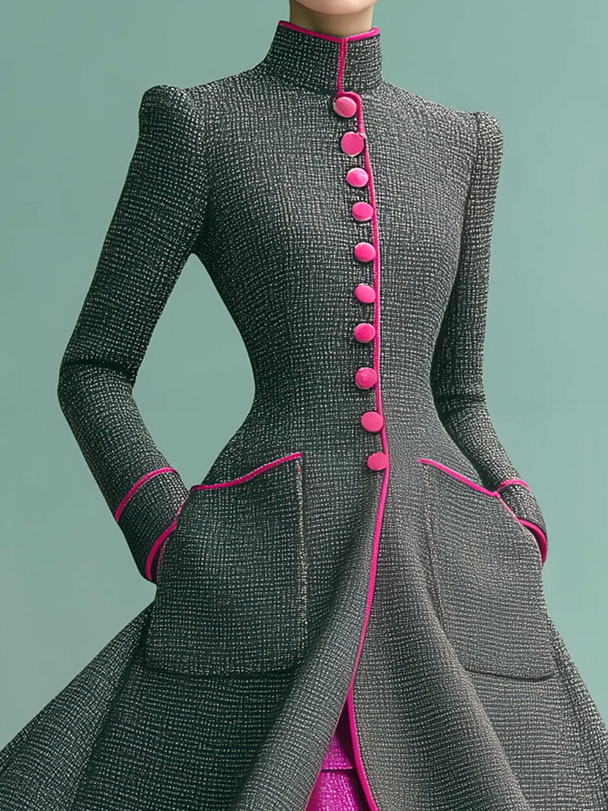 ElevenOra Vintage Elegant Wool Blend Stand Collar Single-breasted Contrast Trim Tailored Waist Maxi Dress Coat