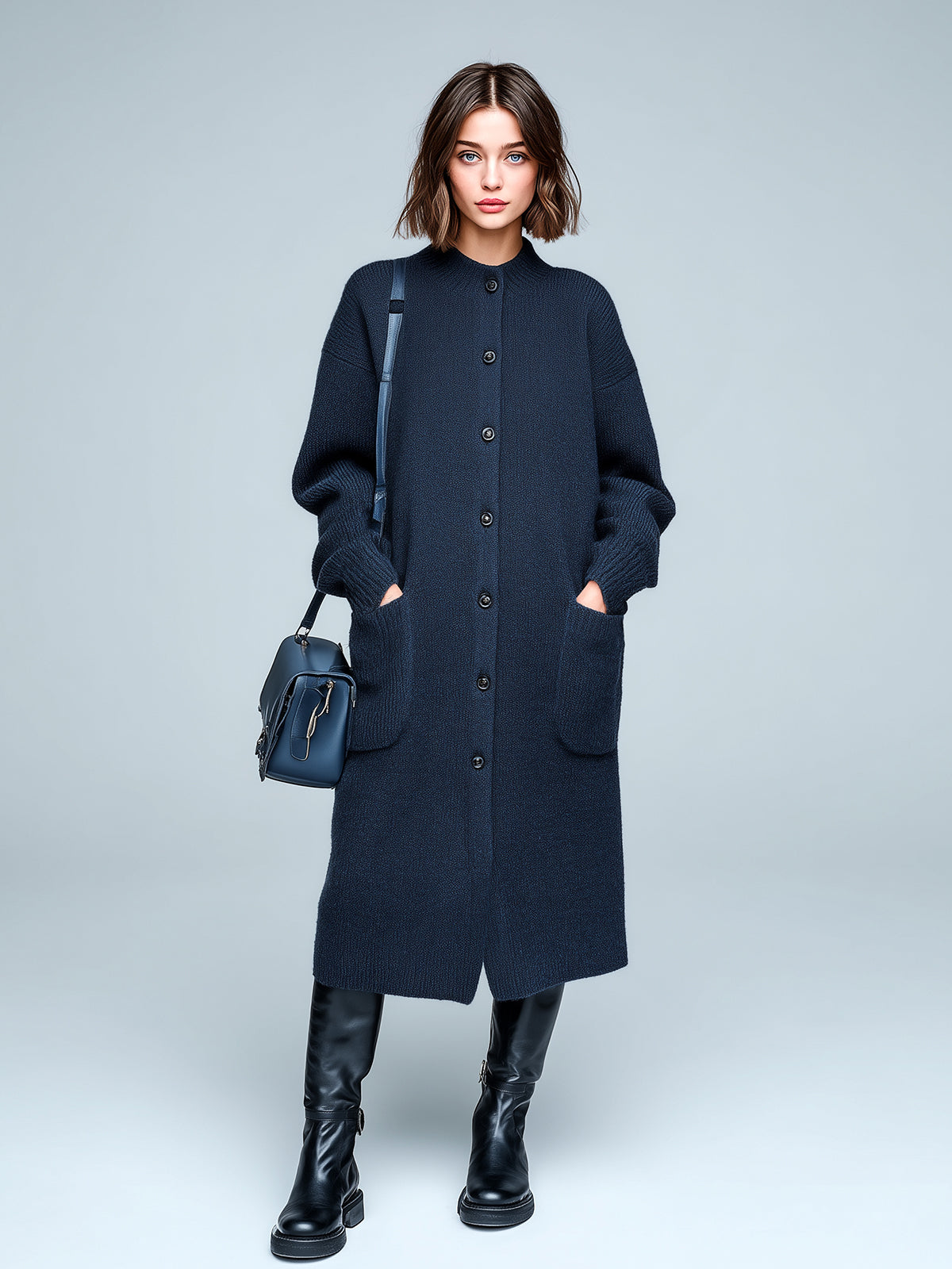 ElevenOra Chic Casual Round Neck Single-Breasted Long Sleeve Patch Pocket Oversized Knit Midi Dress