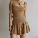 ElevenOra Chic Casual Camel Square Neck Sleeveless Tank Top Mini Skirt Knit Two-Piece Set