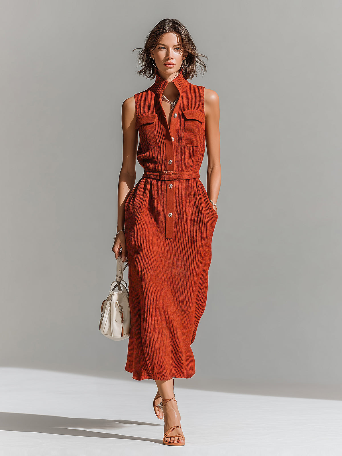 ElevenOra Chic Elegant Red Stand Collar Button-Front Chest Pockets Sleeveless Belted Waist Loose-Fit Ribbed Knit Maxi Dress