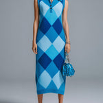 ElevenOra Chic Elegant Blue Colorblock Argyle Pattern Lapel V-Neck Sleeveless Loose-Fit Ribbed Knit Maxi Dress
