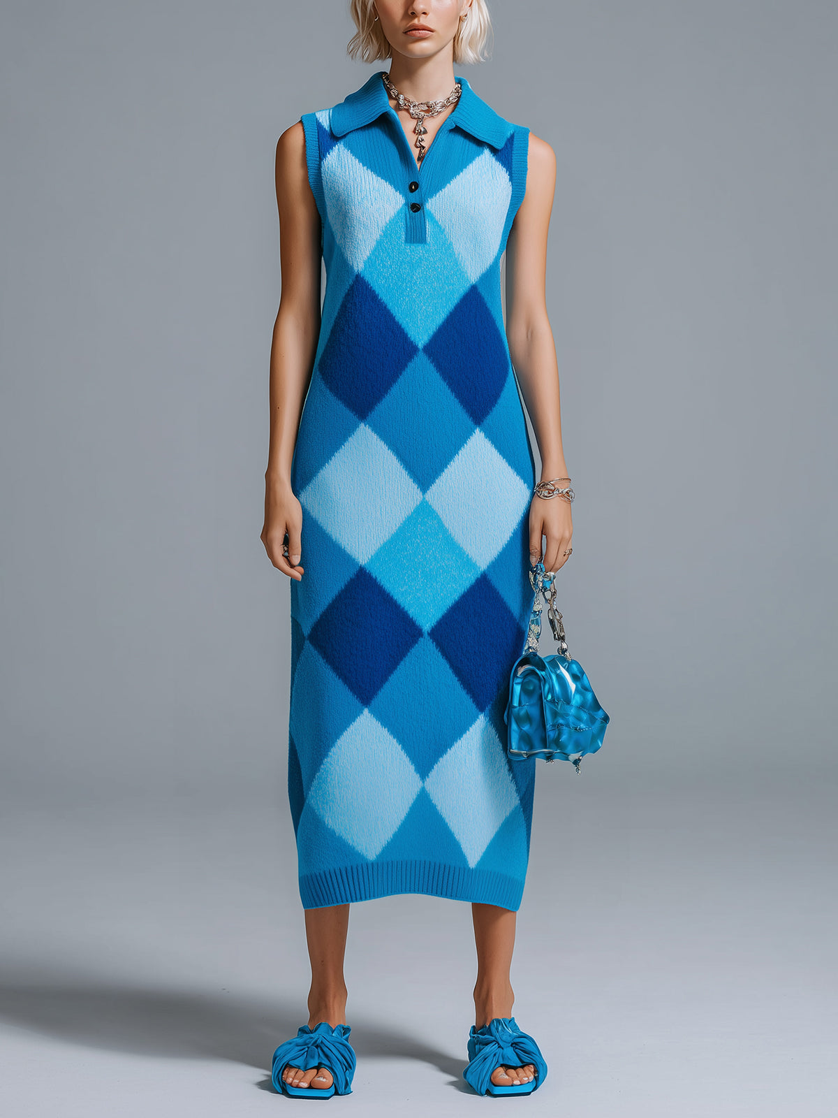 ElevenOra Chic Elegant Blue Colorblock Argyle Pattern Lapel V-Neck Sleeveless Loose-Fit Ribbed Knit Maxi Dress