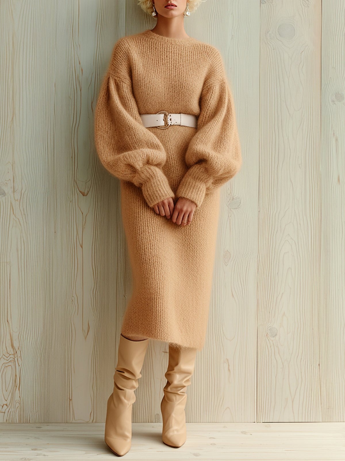 ElevenOra Chic Vintage Khaki Crew Neck Lantern Sleeve Belted Fuzzy Slouchy Knit Midi Dress