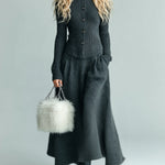 ElevenOra Chic Elegant Dark Gray Mock Neck Single-Breasted Long Sleeve Slim Fit Ribbed Cardigan Flared Maxi Skirt Knit Two-Piece Set