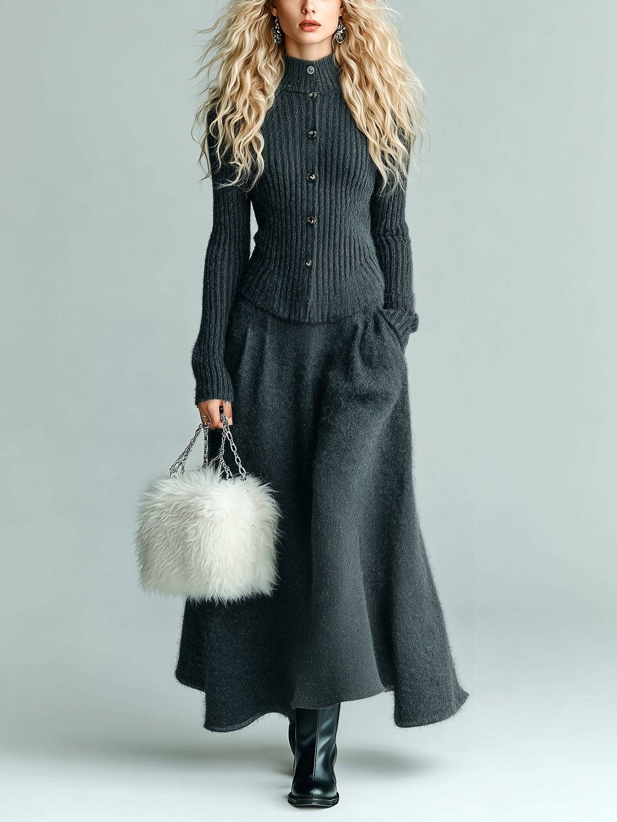 ElevenOra Chic Elegant Dark Gray Mock Neck Single-Breasted Long Sleeve Slim Fit Ribbed Cardigan Flared Maxi Skirt Knit Two-Piece Set