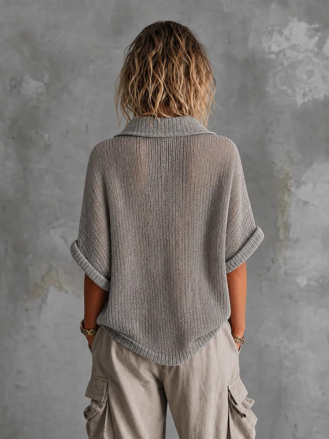 ElevenOra Chic Casual Dusty Grey Lapel-Collar V-Neck Button-Detail Half‑Sleeve Loose-Fit Mesh Knit Sweater Top