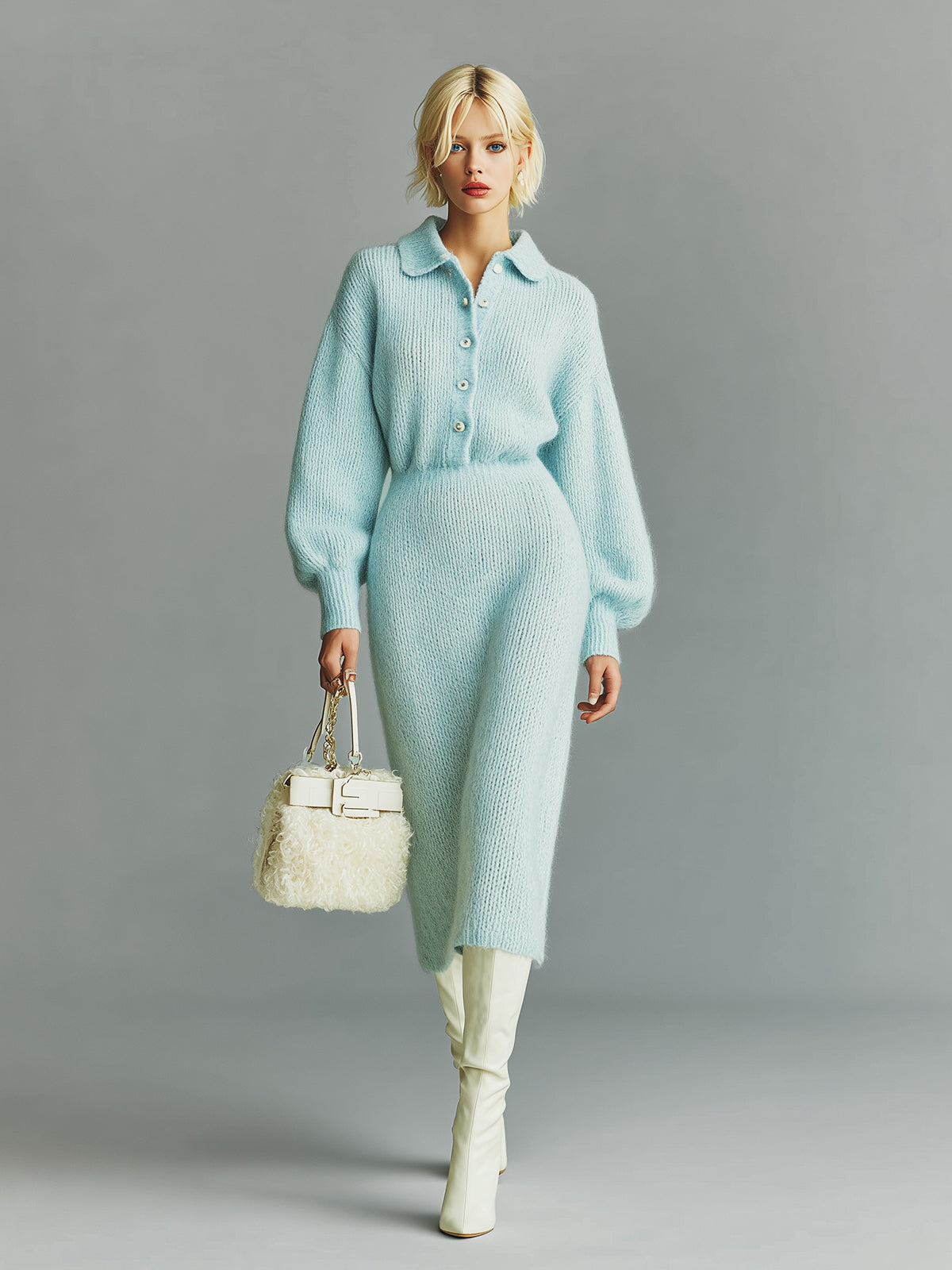 ElevenOra Chic Vintage Light Blue Lapel Button-Front Long Sleeve Tailored Waist Knit Midi Dress