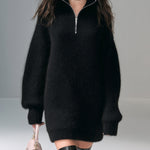 ElevenOra Chic Casual Black Stand Collar Zipper-Front Long Lantern Sleeve Oversized Fuzzy Knit Warm Mini Dress