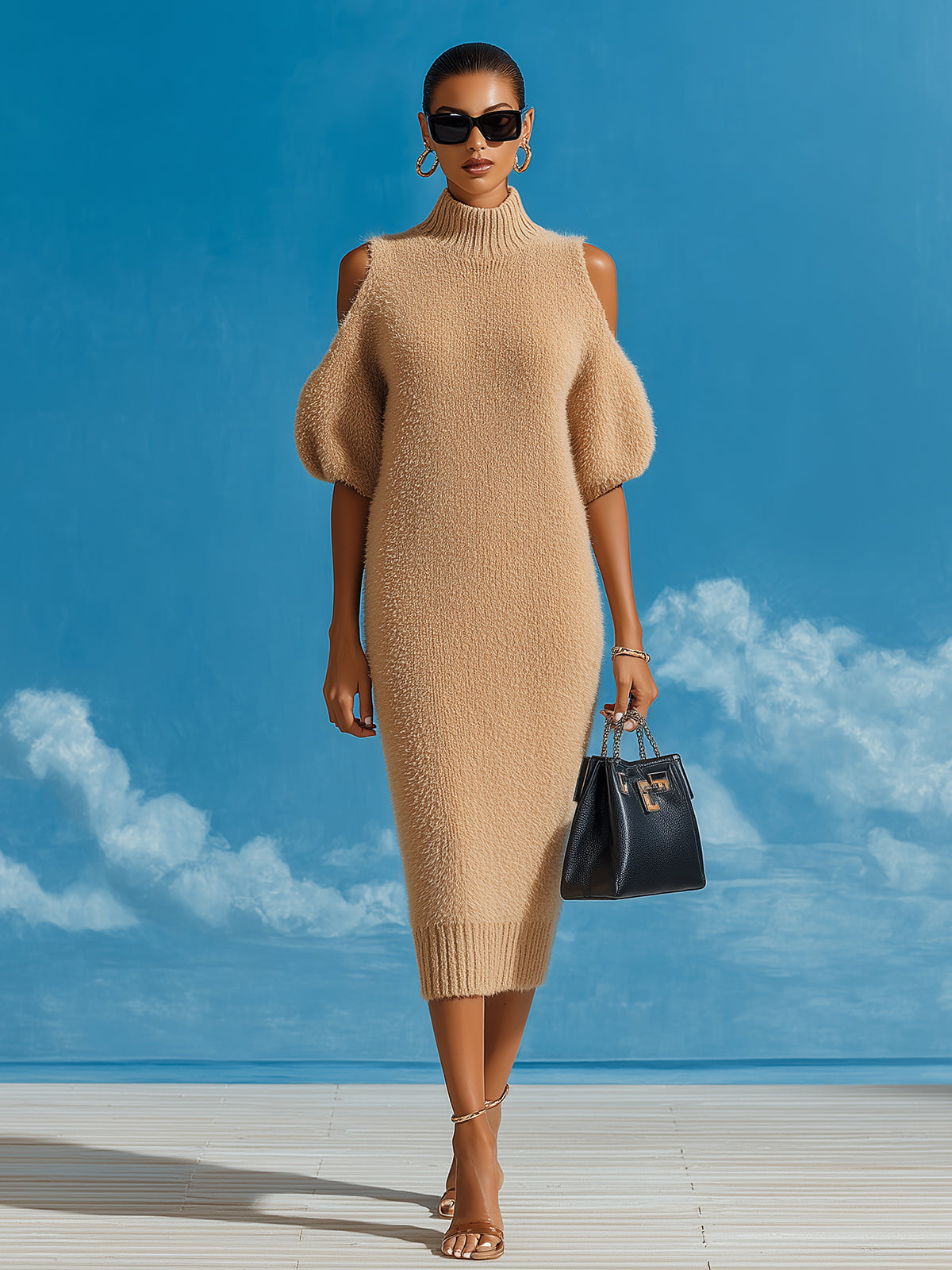 ElevenOra Chic Vintage Camel Mock Neck Cold Shoulder Short Sleeve Oversized Knit Midi Dress