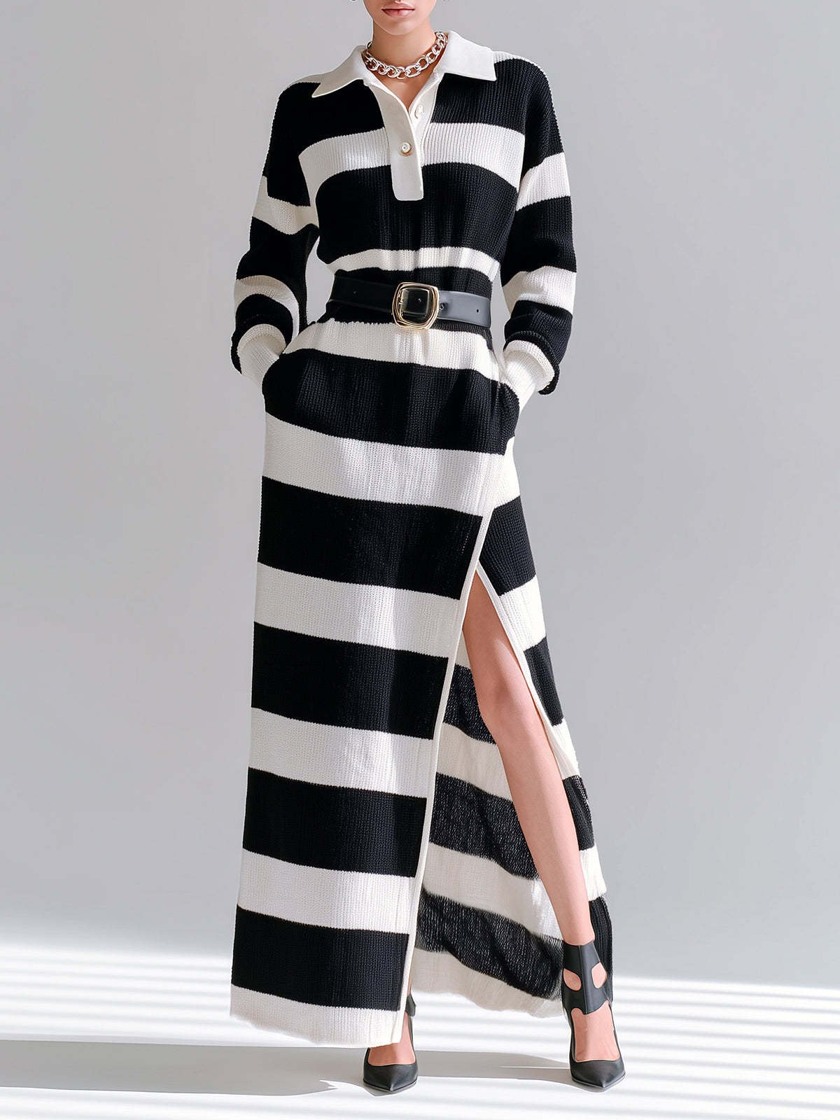 ElevenOra Chic Casual Contrast Stripes Polo Collar Belted Long Sleeve Side Slit Knitted Maxi Dress