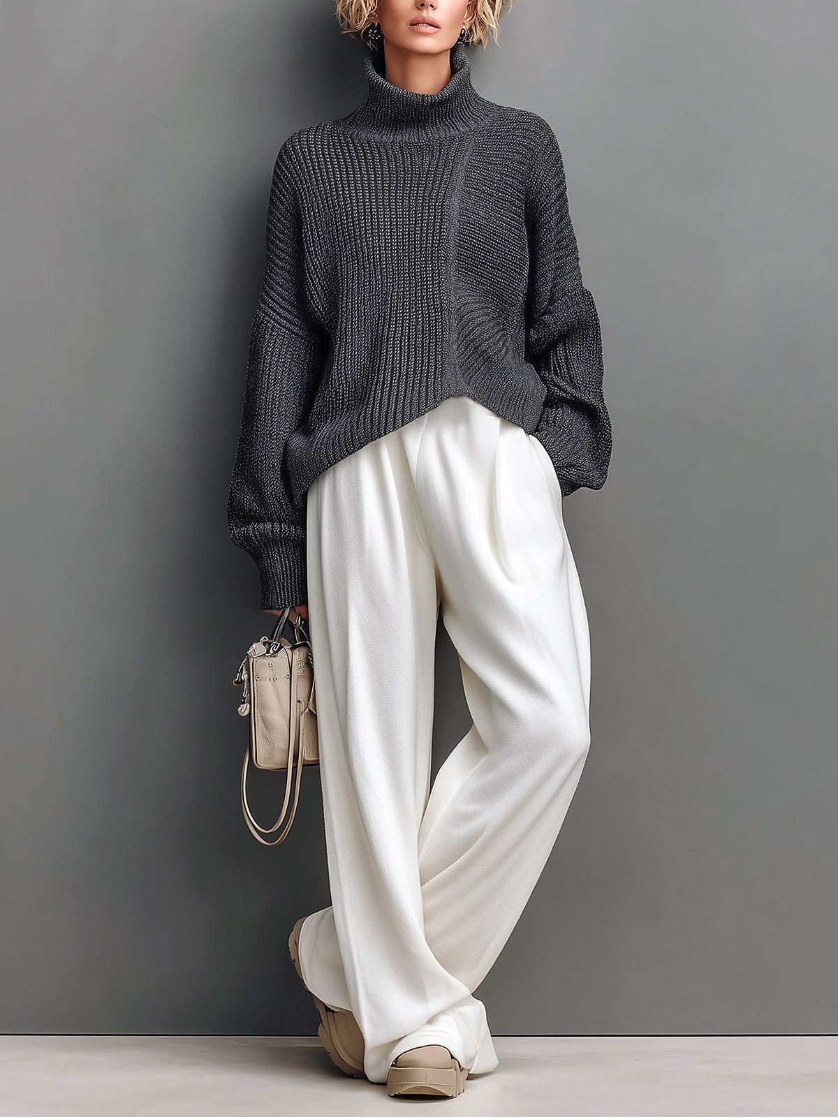 ElevenOra Vintage Elegant Turtleneck Patchwork Long Sleeve Oversized Sweater Wide-Leg Pants Knit Two-Piece Set