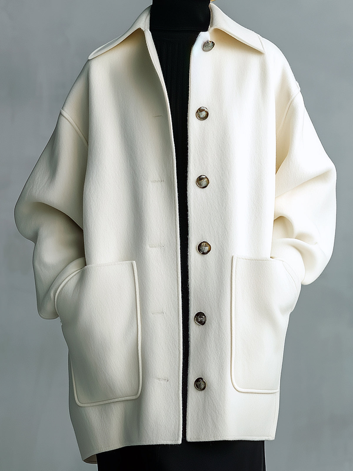 ElevenOra Chic Vintage Cream White Wool Blend Lapel Single-Breasted Large Pocket Slouchy Mid-Length Coat