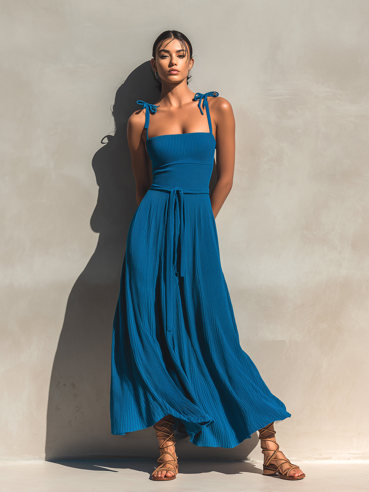 ElevenOra Chic Elegant Dark Blue Spaghetti Straps Square Neck Sleeveless Tie-Waist A-Line Ribbed Knit Maxi Dress