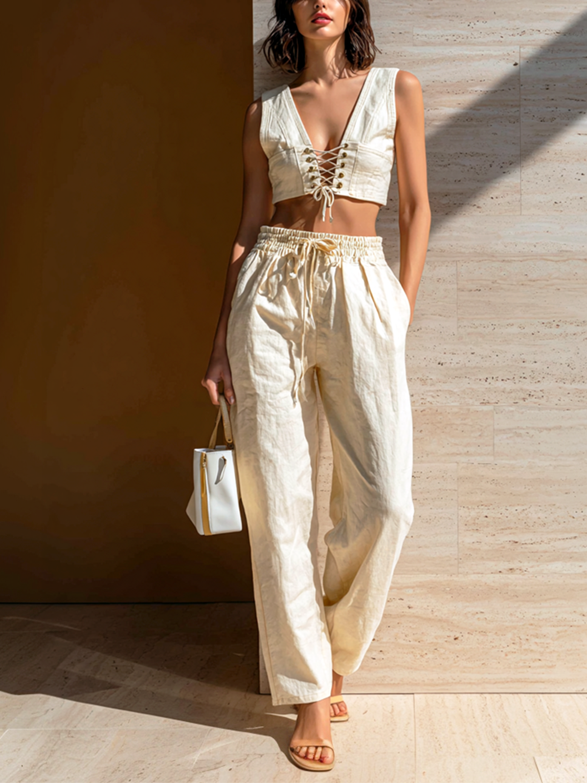 ElevenOra Chic Elegant White V-Neck Eyelet Lace-Up Tank Top Loose Cotton Wide-Leg Pants Two-Piece Set