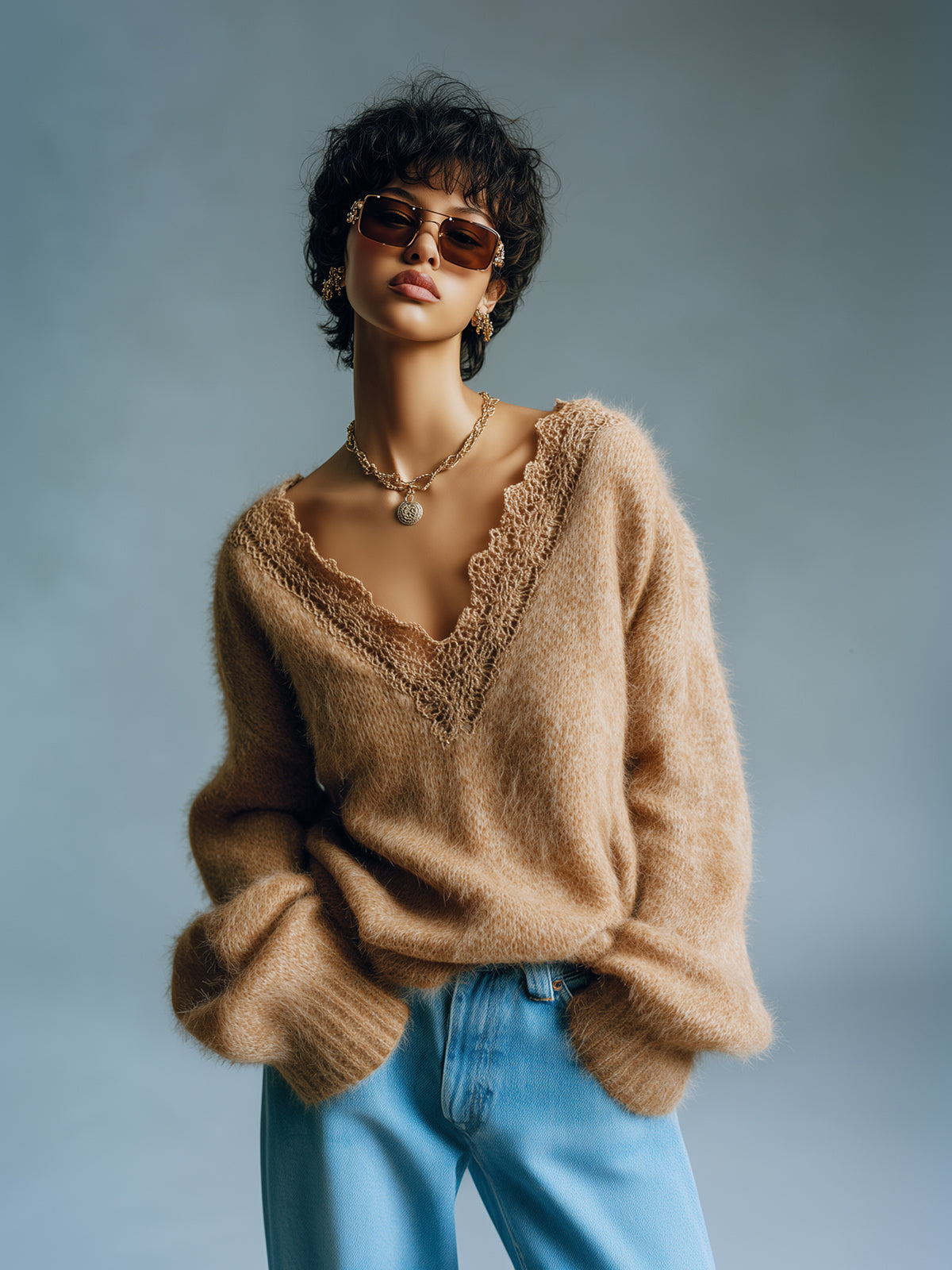 ElevenOra Chic Elegant Brown Deep V-Neck Lace Trim Detail Long Sleeve Oversize Fuzzy Knit Sweater Top