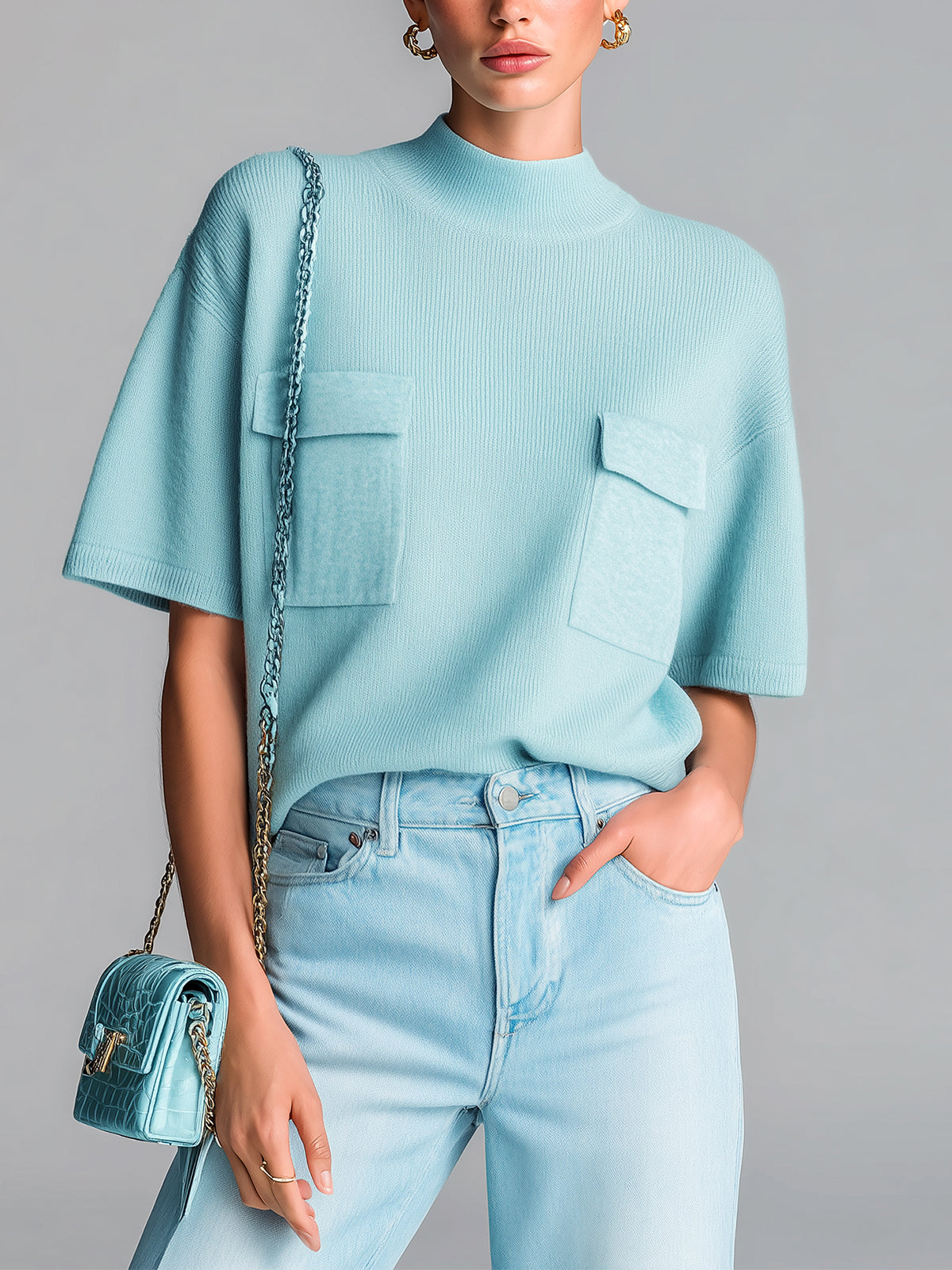 ElevenOra Chic Vintage Light Blue Mock Neck Chest Pocket Short-Sleeve Ribbed Knit Top