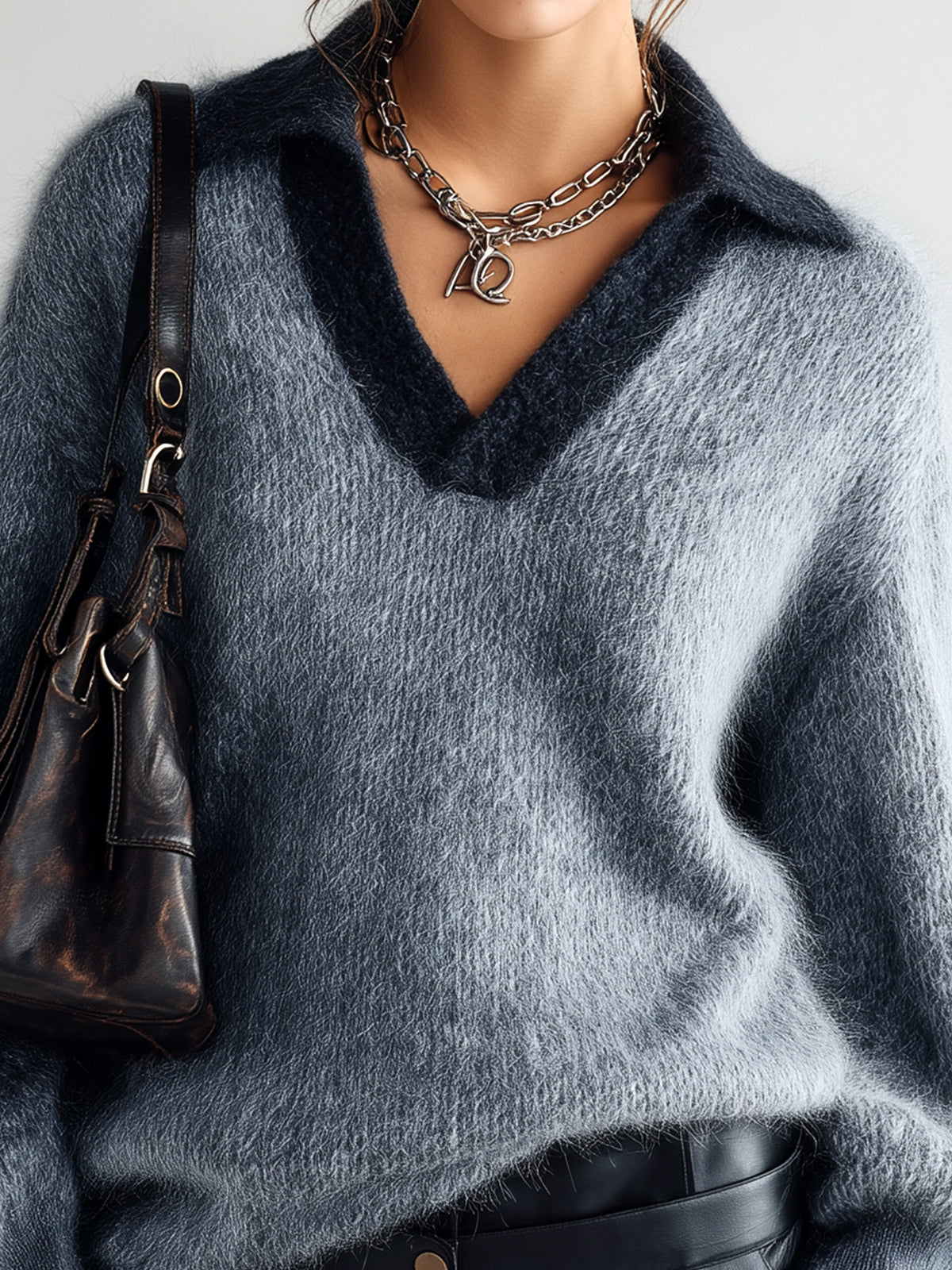 ElevenOra Chic Casual Lapel V-Neck Contrast Trim Oversized Long-Sleeve Knit Sweater Top